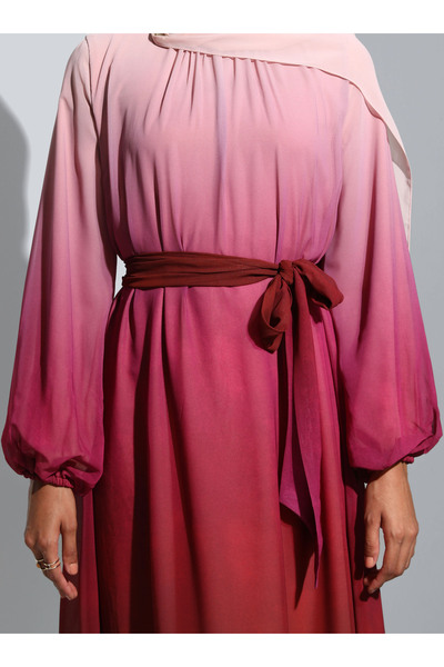 Refka Belted Gradient Patterned Chiffon Hijab Evening Dress - Pink - Woman