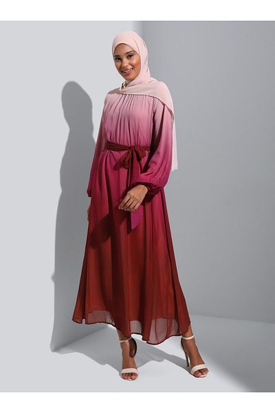 Refka Belted Gradient Patterned Chiffon Hijab Evening Dress - Pink - Woman