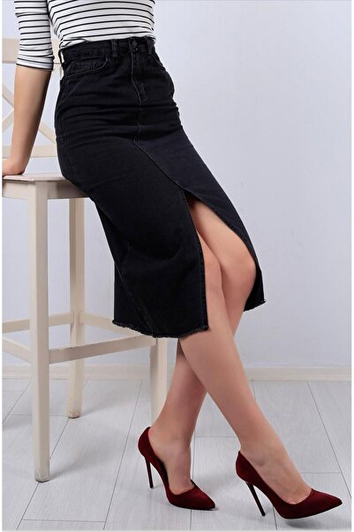 LAMİRAMOOD ANTRASİT Kot Etek Uzun Yırtmaçlı Muadil