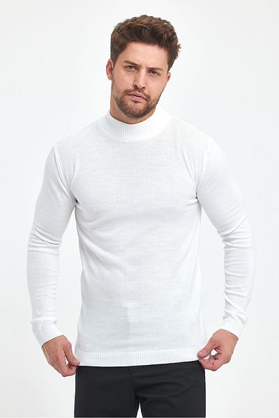MODAMESTO Men's White Slim Fit Half Turtleneck Knitwear Sweater