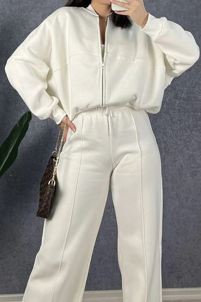Neşeli Butik 3 ThrEad ZippErEd WomEn's Tracksuit SEt NB0018 - Ecru