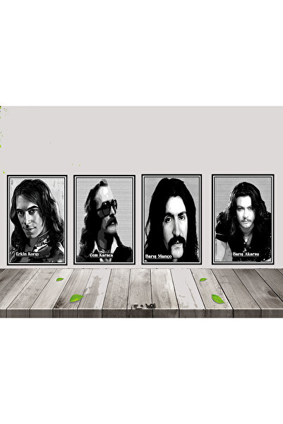 TAKIFİX Cem Karaca Erkin Koray Barış Manço Barış Akarsu 4 Parça 20x30 CM Retro Ahşap Tablo Seti 022