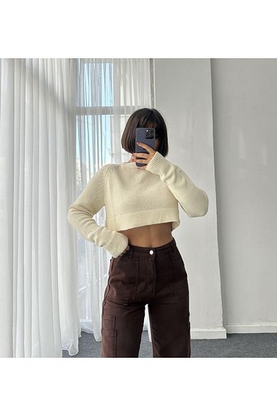 FİTULAND BOUTİQUE Crop tricotaje pulover crem