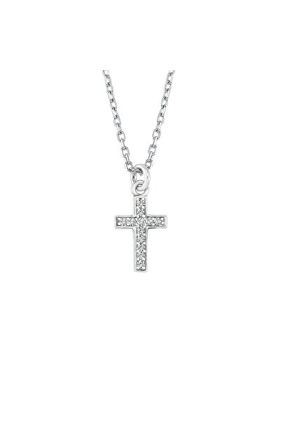 Altın Sepeti Beyaz Altın Mini Boy Taşlı Haç Kolye