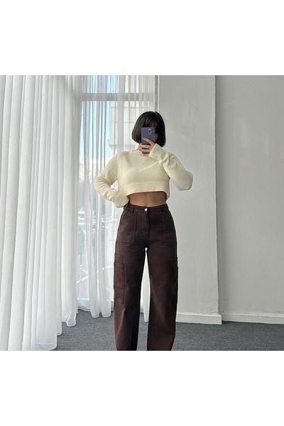 FİTULAND BOUTİQUE Crop tricotaje pulover crem