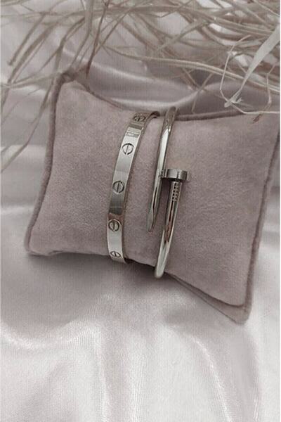 dergavud Çivi Ve Cartier Çelik Bileklik Set Gümüş Renk