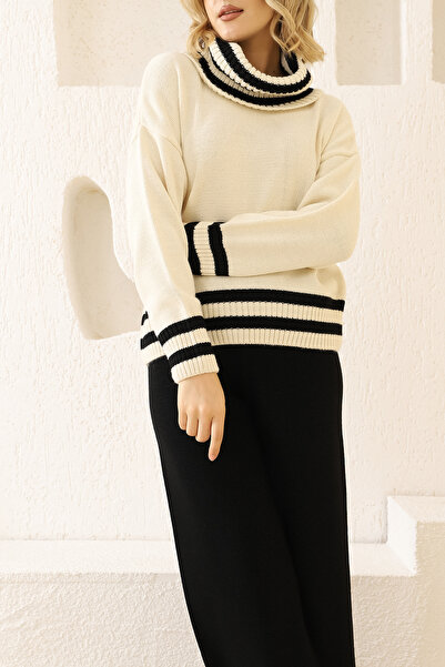 VEGENZE Women's Cream Black Striped Lace Collar Oversize Sweater Trousers Double Set