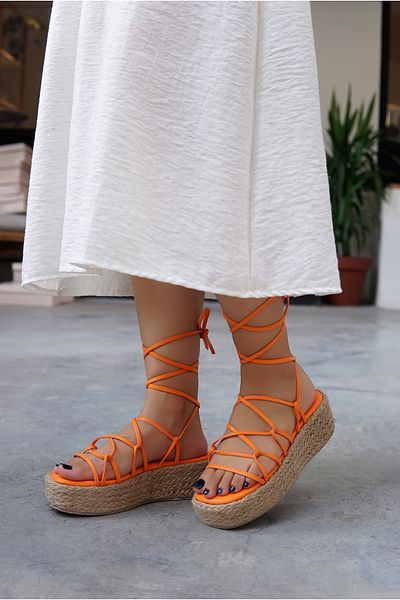 LAMİNTA Glad Orange Straw Detailed Laced Sandals