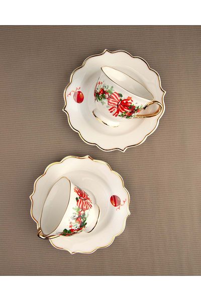 Bursa Porselen Dekor Christmas ribbon gold gilded coffee cup set for two