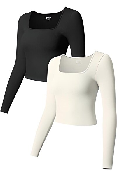 ÖZ PAMUK Γυναικεία μπλούζα με μαύρη ριμπ καμιζόλα Crop