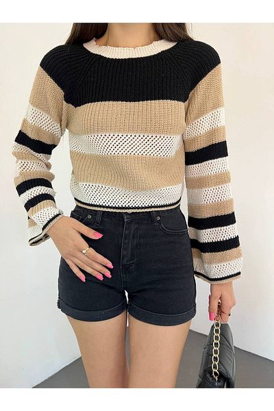NEWLAKER Pulover crop de tricotaje cu dungi blocate de culoare