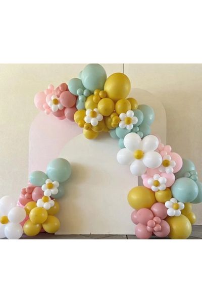 Çemrek Süs Parti Retro Powder Pink Winter Green Daisy Balloon Chain 100 Pieces Balloons