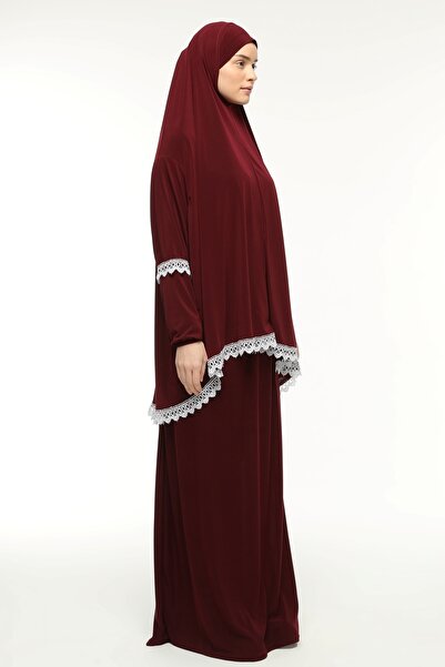 Altobeh Women's Two Piece Lycra Sandy Fabric Lace Sleeve Prayer Dress-burgundy
