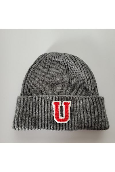 initialess Mohair Folded Knitted Anthracite Wool Beret with Letter U