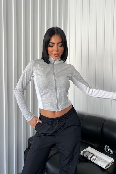 FEMELLE Gray Retro Zipper Crop Blouse