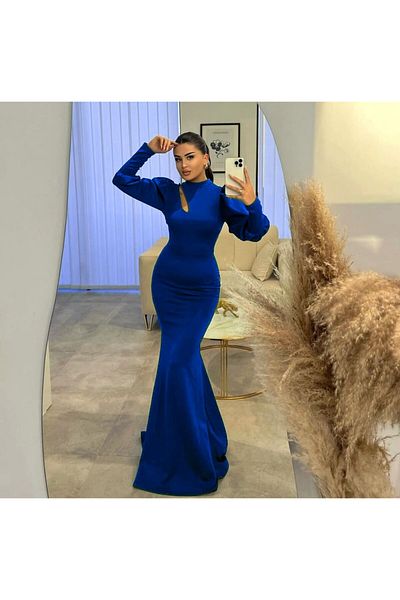 ModaLy Moda ΕΥΚΑΙΡΙΚΟ ΥΦΑΣΜΑ ΜΠΛΕ ΧΡΩΜΑ ΜΑΚΡΥΜΑΝΙΚΟ ΚΟΥΜΠΙ ΣΤΟ ΣΤΡΟΓΓΥΛΟ ΦΟΡΕΜΑ TKN-737 582279