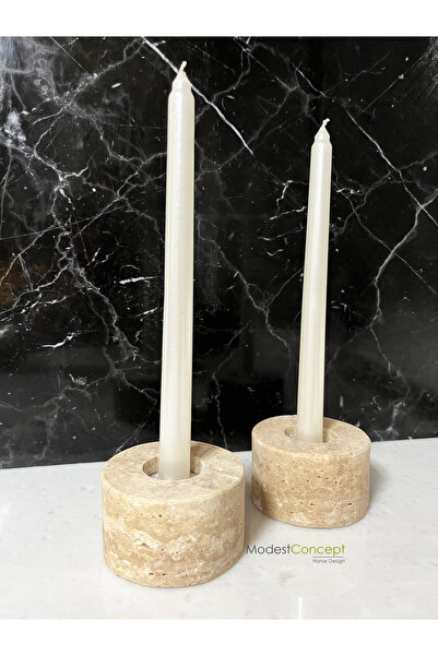 Modestmar Doğal Traverten Mumluk, Mermer Mumluk, Mermer Tealight, Mumluk 2 Adet, Yuvarlak Mermer Şamdan
