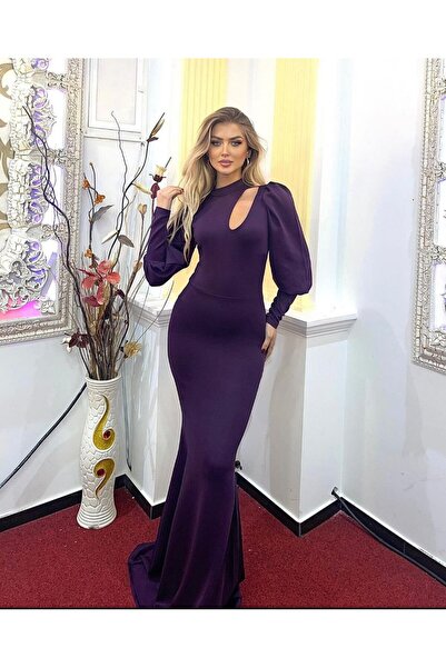 ModaLy Moda فستان مرن من القماش باللون الأرجواني وأكتاف منخفضة وأكمام طويلة T...