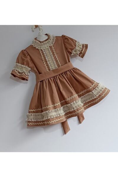 moms and babies Βρεφικό κοριτσάκι καφέ Vintage χτενισμένο φόρεμα