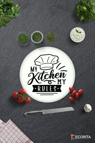 Decorita My Kitchen My Rules White Background - Glass Cutting Board (Diameter 32 cm)