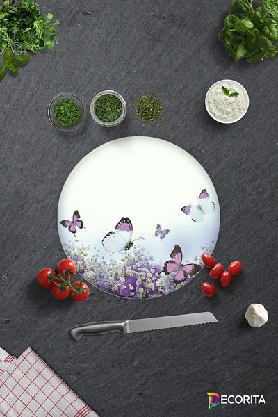 Decorita Purple Flowers and Butterflies |   Glass Cutting Board - Glass Cutting Board |   Diameter 32cm