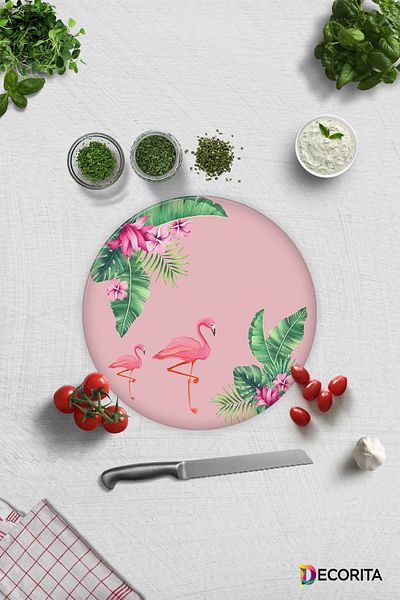 Decorita Tropical Leaves & Flamingo Pattern - Glass Cutting Board |   Circle Diameter 32cm