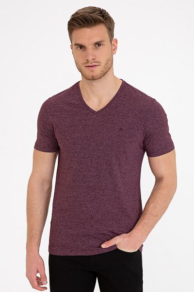 Pierre Cardin Μπλουζάκι Claret Red Slim Fit με V λαιμόκοψη