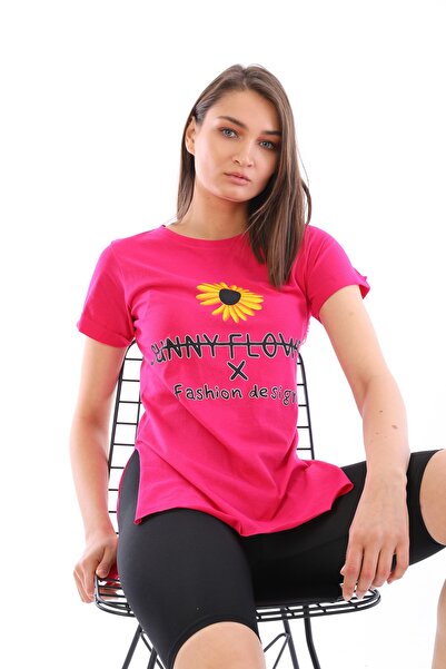 Black Gold Kadın Pembe Baskılı  Uzun Yırtmaçlı Rahat T-shirt