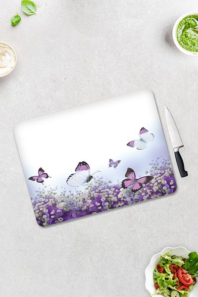 Decorita Purple Flowers and Butterflies |   Glass Cutting Board - Glass Cutting Board |   30cm X 40cm
