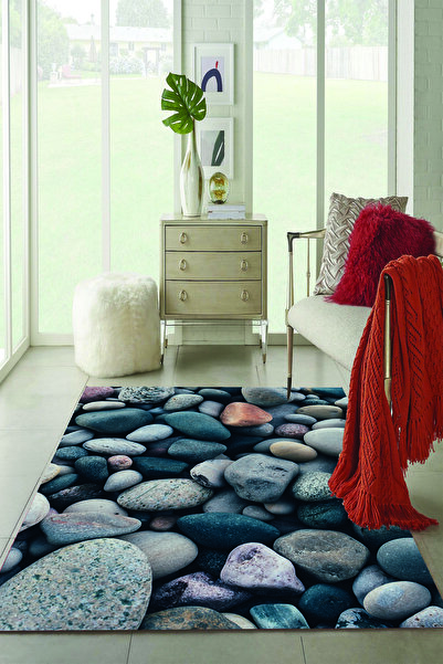 MODANOİVA Çakıl Taşları Desenli Kaymaz Taban Yıkanabilir Halı