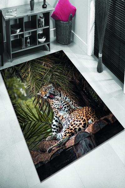 MODANOİVA Leopar Desenli Kaymaz Taban Yıkanabilir Halı