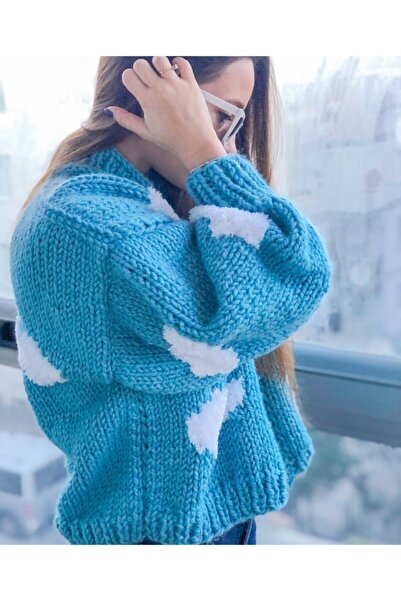 ORGANICMIRA Kadın Açık Mavi Bulut Desenli Oversize Örgü Hırka
