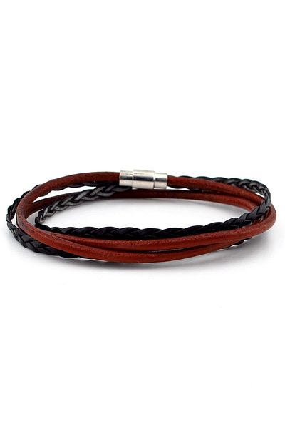 Solfera Men's Tan Black Two Row Wrapped Knitted Leather Bracelet M008c