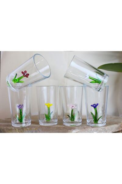 ADAMODART Renkli Papatya Cam Figürlü Kahve Yanı su bardağı 6'lı Set