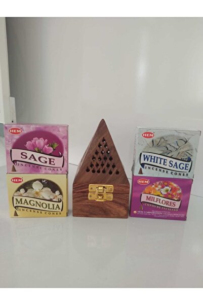 Hem Ahşap Konik Tütsü Yakma Kutusu ve 4 Paket Konik Buhur Seti