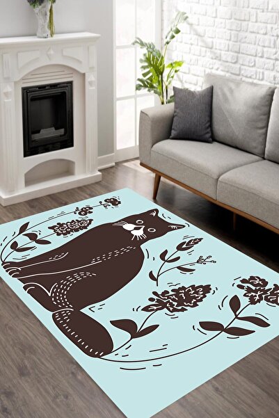 MODANOİVA Sanatsal Kedi ve Çiçek Motifi Desenli Kaymaz Taban Yıkanabilir Halı