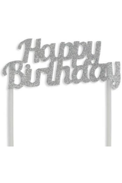 parti sürprizi Gümüş Simli Happy Birthday Çubuklu Yazı
