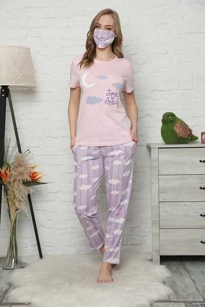 ARCAN Women's Purple Short Sleeve Printed Pajama Set with Mask Gift