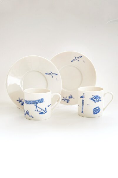 Bursa Porselen Dekor Sailor Pattern Coffee Cup Set for Two