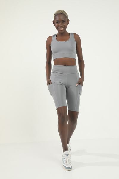 Grenj Fashion Gray High Waist Recovery Pocket Detailed Sports Biker Leggings