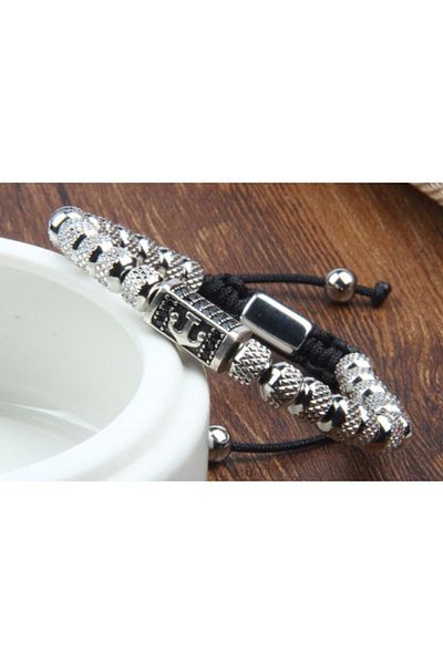 daisybydaisy Luxury Men's Stainless Steel Antique Silver Color Anchor Men's Bracelet with Adjustable String