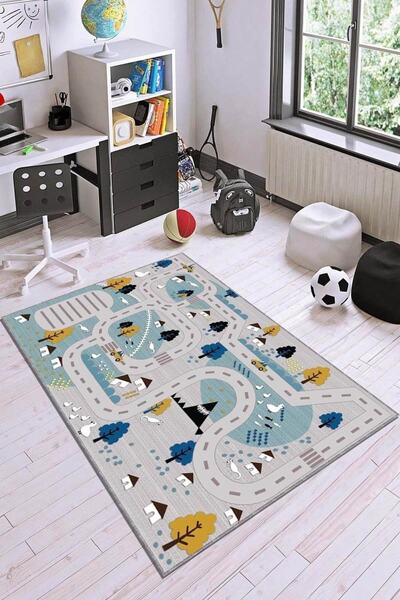 MODANOİVA Kaymaz Taban Yikanabilir Gri Zemin Eğlenceli Yol Desenli Dijital Ba...