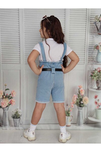 tunay moda طقم بناتي من قماش الدنيم بحزام أزرق وتي شيرت