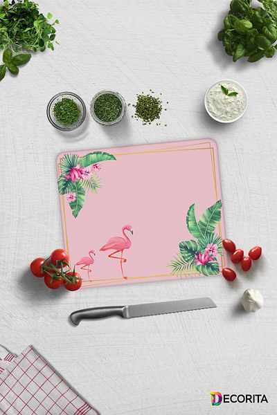 Decorita Glass Cutting Board with Tropical Leaves and Flamingo Pattern - 29cm X 34cm