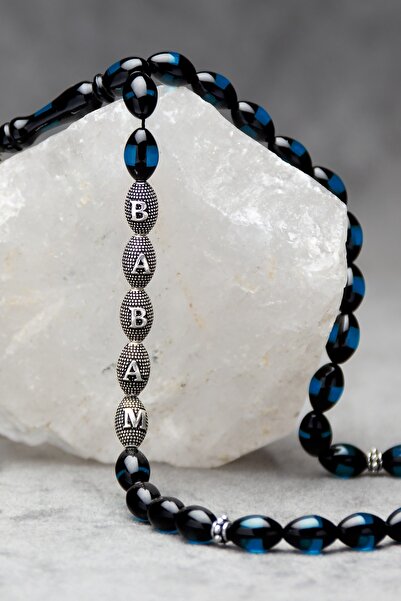 OTTOTESBİH Erkek Babalar Günü 925 Ayar Gümüş Harfli 7x11mm Gece Mavisi Kokulu Toz Kehribar Tesbih