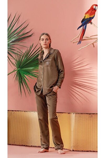 SENFONİ Жіночий хакі піжамний комплект з сатину на ґудзиках спереду 7395