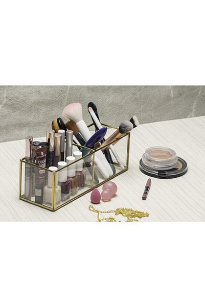 Ahşap Fikir Dual Gold Organizer Makeup Material Glass Box