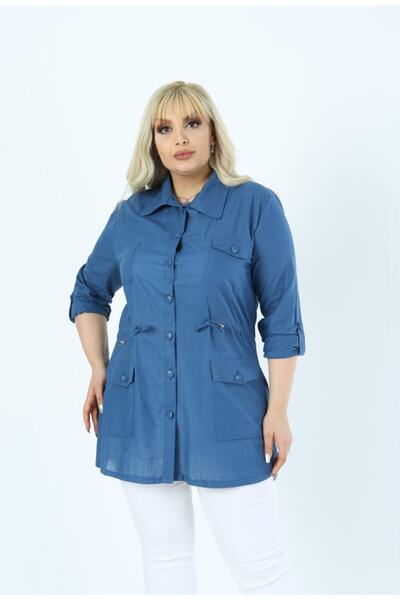 By Alba Collection Γυναικείο βαμβακερό λινό πουκάμισο Indigo με τέσσερις τσέπες