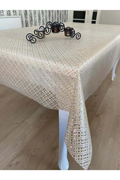 Aksu Mefruşat Şeffaf Kaplamalı Hasır Desenli Pvc Muşamba Masa Örtüsü Bej Rengi