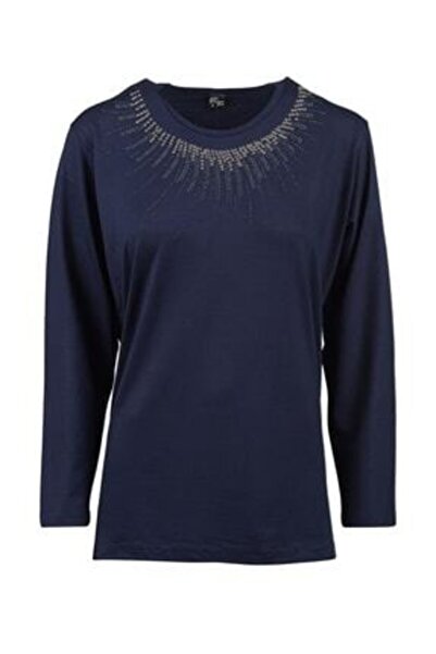 Nacar Büyük Beden Taşlı Anne Penye Bluz( Yaka Deseni Farklılık Gösterebilir )